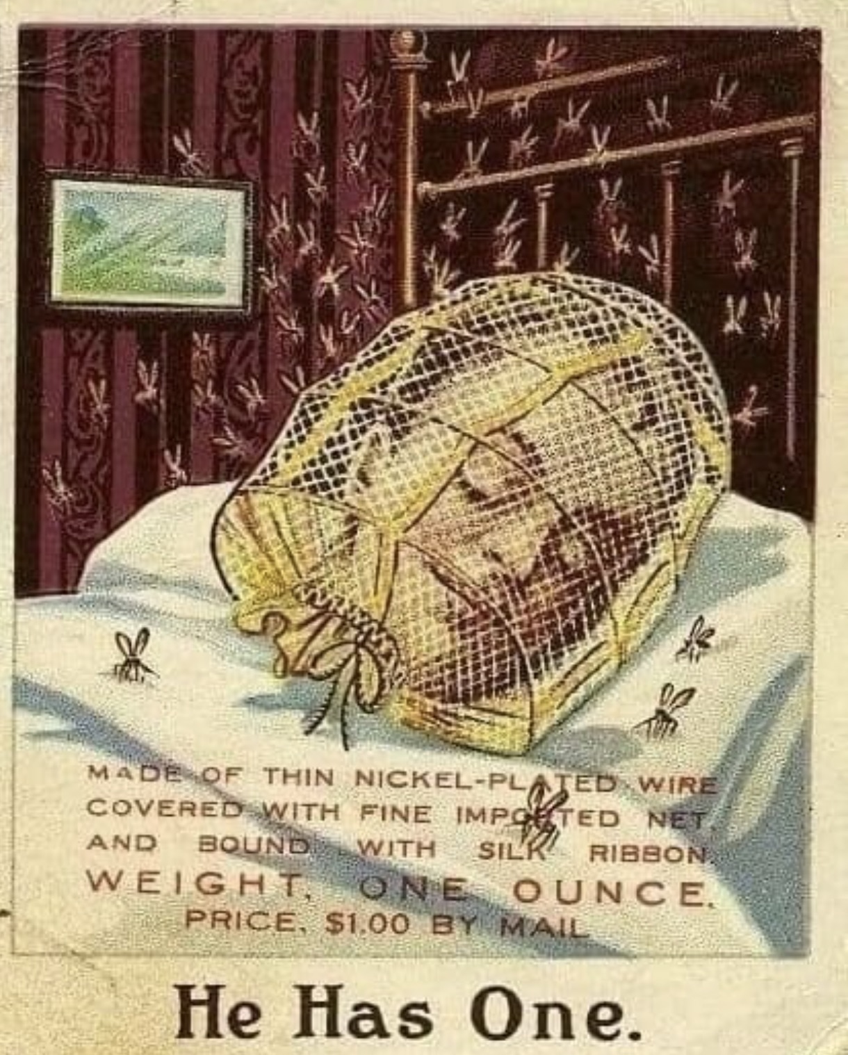 weird victorian ads - Made Of Thin NickelPlated Wire Covered With Fine Imported Net And Bound With Silk Ribbon. Weight, One Ounce Price, $1.00 By Mail He Has One.